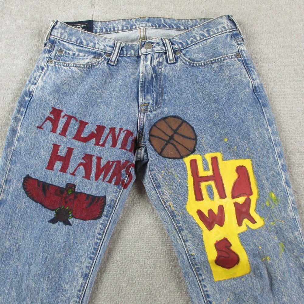 Abercrombie & Fitch Jeans Mens 28x30 Blue Denim Rustin Custom Painted ATL Hawks - Picture 2 of 11